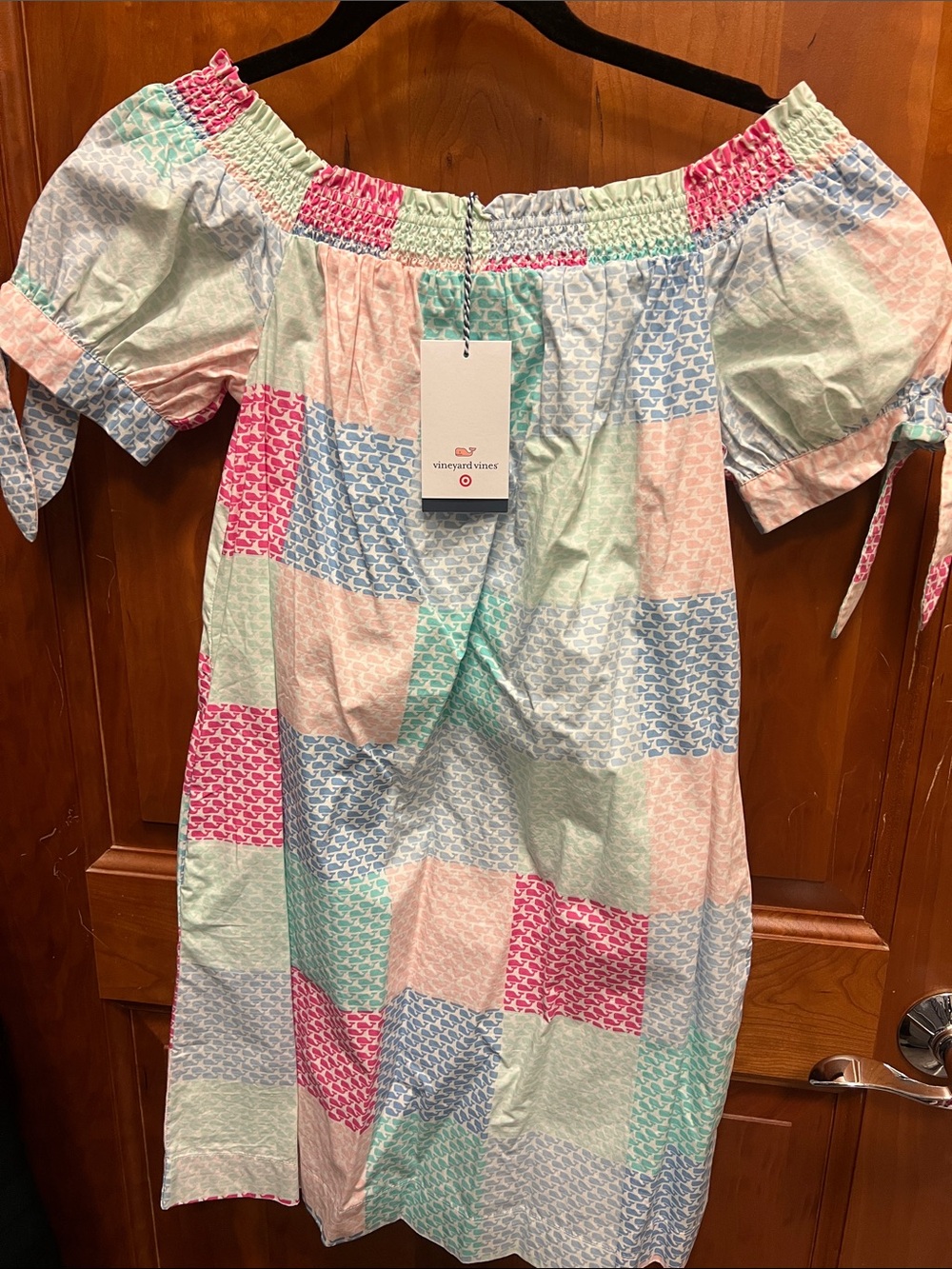 Vineyard Vines Patchwork Off-Shoulder Dress in Pink, Mint & Light Blue